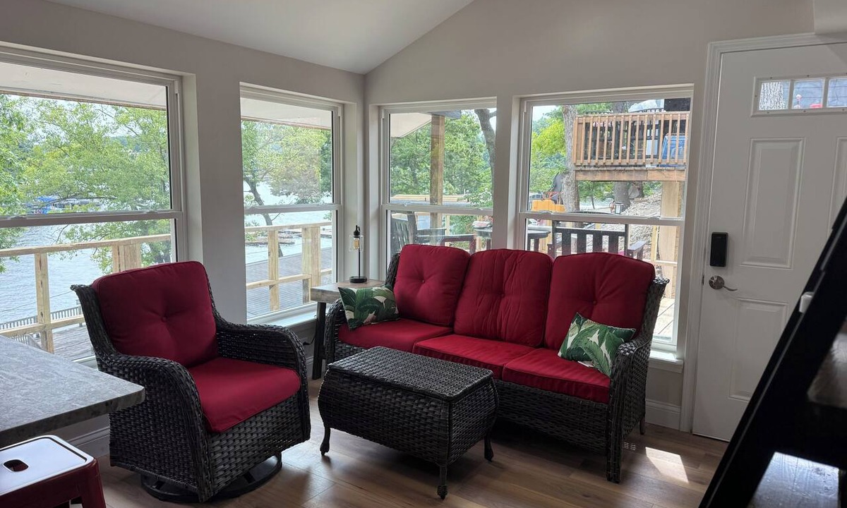 Osage Beach Cabin | Cozy 800 sq ft A-frame cabin at North Shore Resort with lake views, 1 bedroom + loft (sleeps 6), full kitchen, island seating, and a private deck—perfect for relaxing getaways at Lake of the Ozarks.