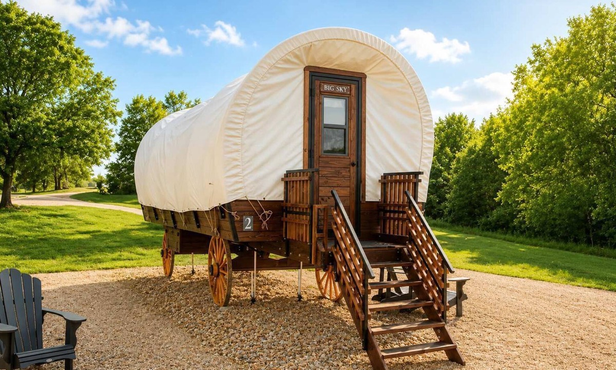 Branson House | Romantic Glamping Wagon | King Bed + Ozark Ranch